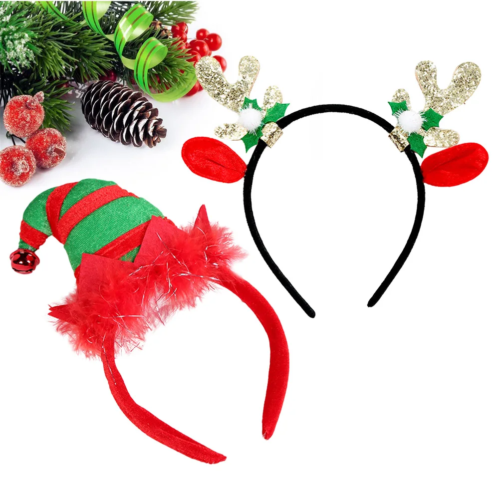 

2Pcs Christmas Hat Headband Cute Antler Hair Bands Hoops for Kids Adults Party Carnival Gifts Hair Accessories