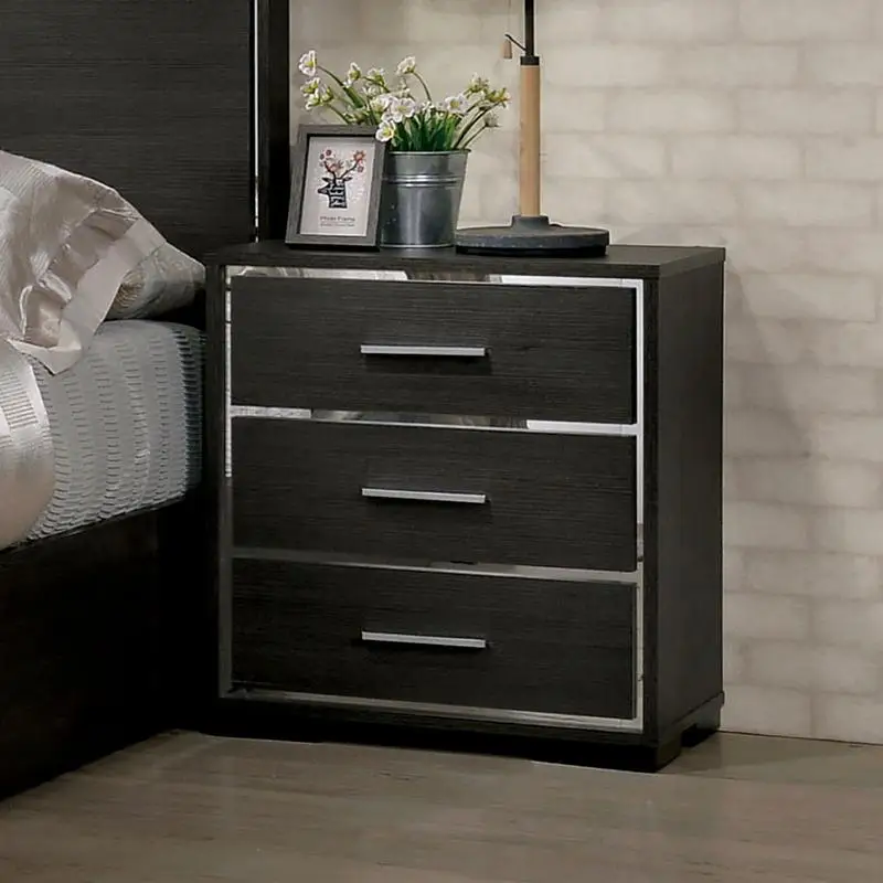 Modern Solid Wood Nightstand with Chrome Trim - Sleek Design for Contemporary Bedroom Furniture in Warm Gray Finish