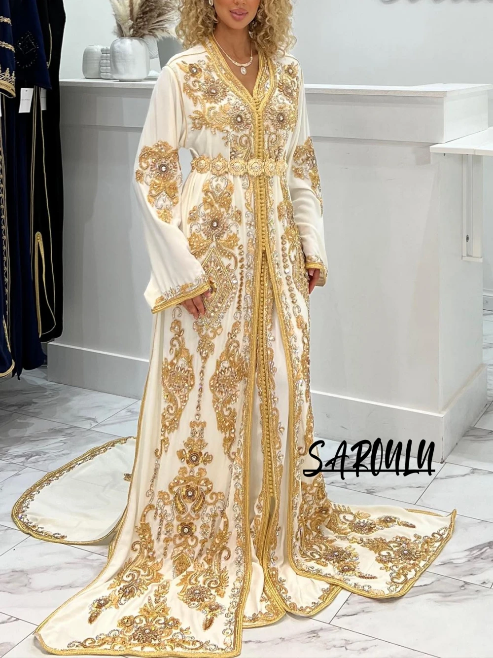 

Gold Lace Beaded Evening Dress Exquisite Kaftan Elegant Outfits Celebrity Prom Gown A-line Customized Dresses Robe De Mariée