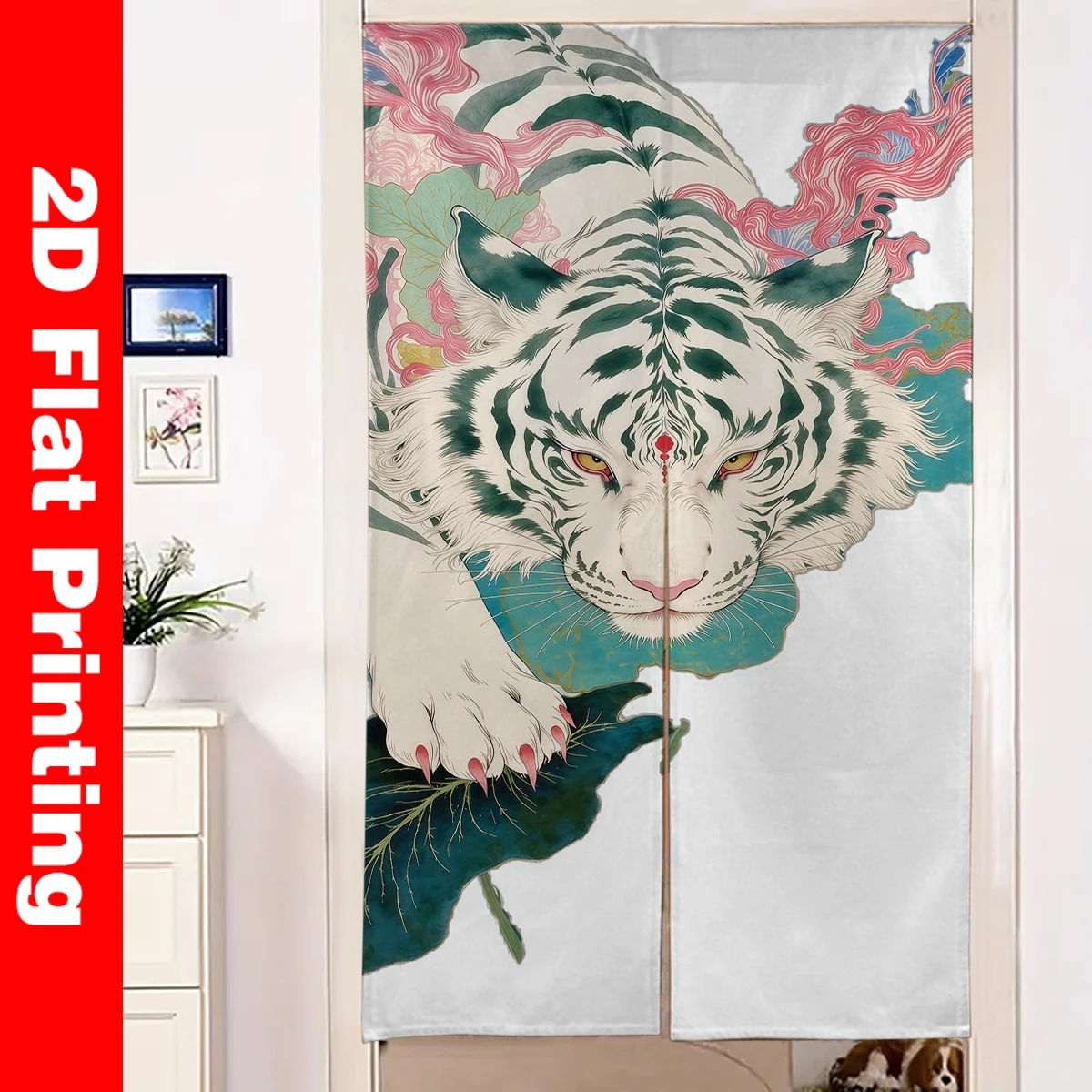 VIKAMA Vintage White Tiger Japanese Door Curtain Japanese Style Half Door Curtain, Noren Curtain for Kitchen Bedroom