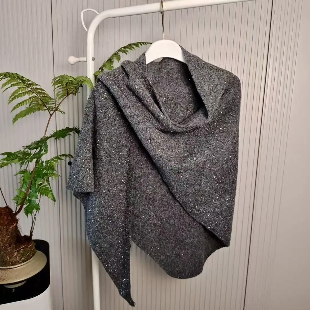 Women Fashion Winter Warm Woolen Shawl High End Korean Sequin Triangular Scarf Thermal Mongolian Poncho