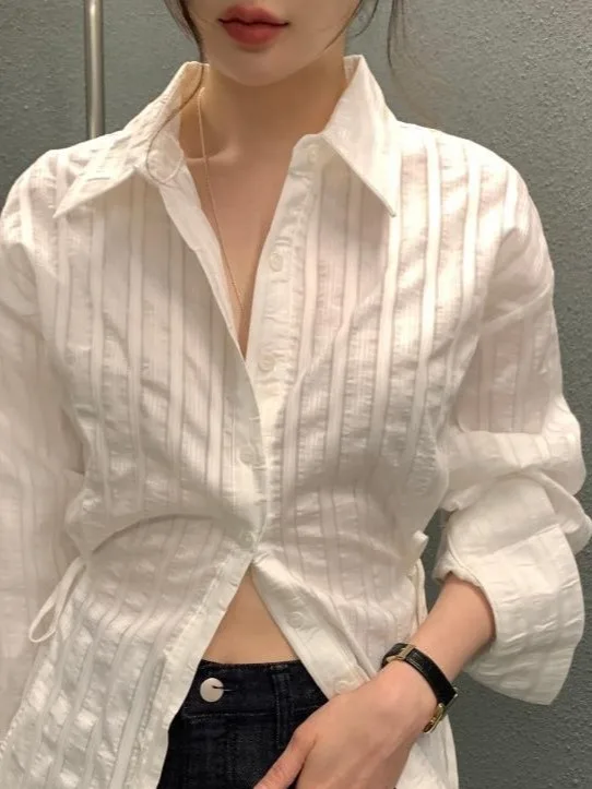 Ele Women's Long Sve irt Chic Design Striped Turn-down Collar Belted Slimming Trendy Breathable Polyester Fiber