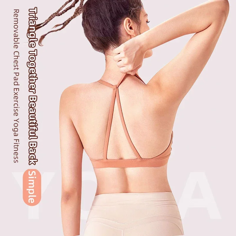 

Solid Color Women Fitness Sports Bra Top Yoga triangle backless Athletic Back Cutout Cross Tight Workout Soft With Chest Pad