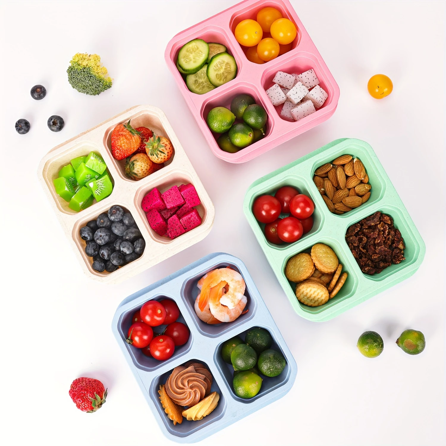 10 pcs classic Original Stackable Snack Boxes - Reusable 4-Compartment Bento Snack Containers, this food container set is easy t