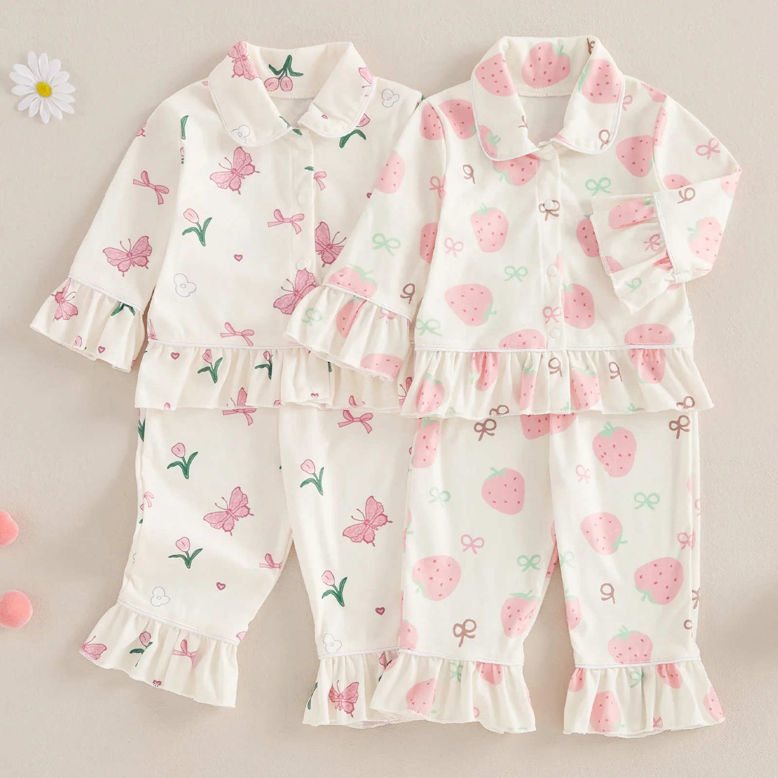 SUNSIOM Baby Girl 2Pcs Pajama Set Strawberry/Butterfly Print Long Sleeve Tops Elastic Waist Pants Set Toddler Loungewear