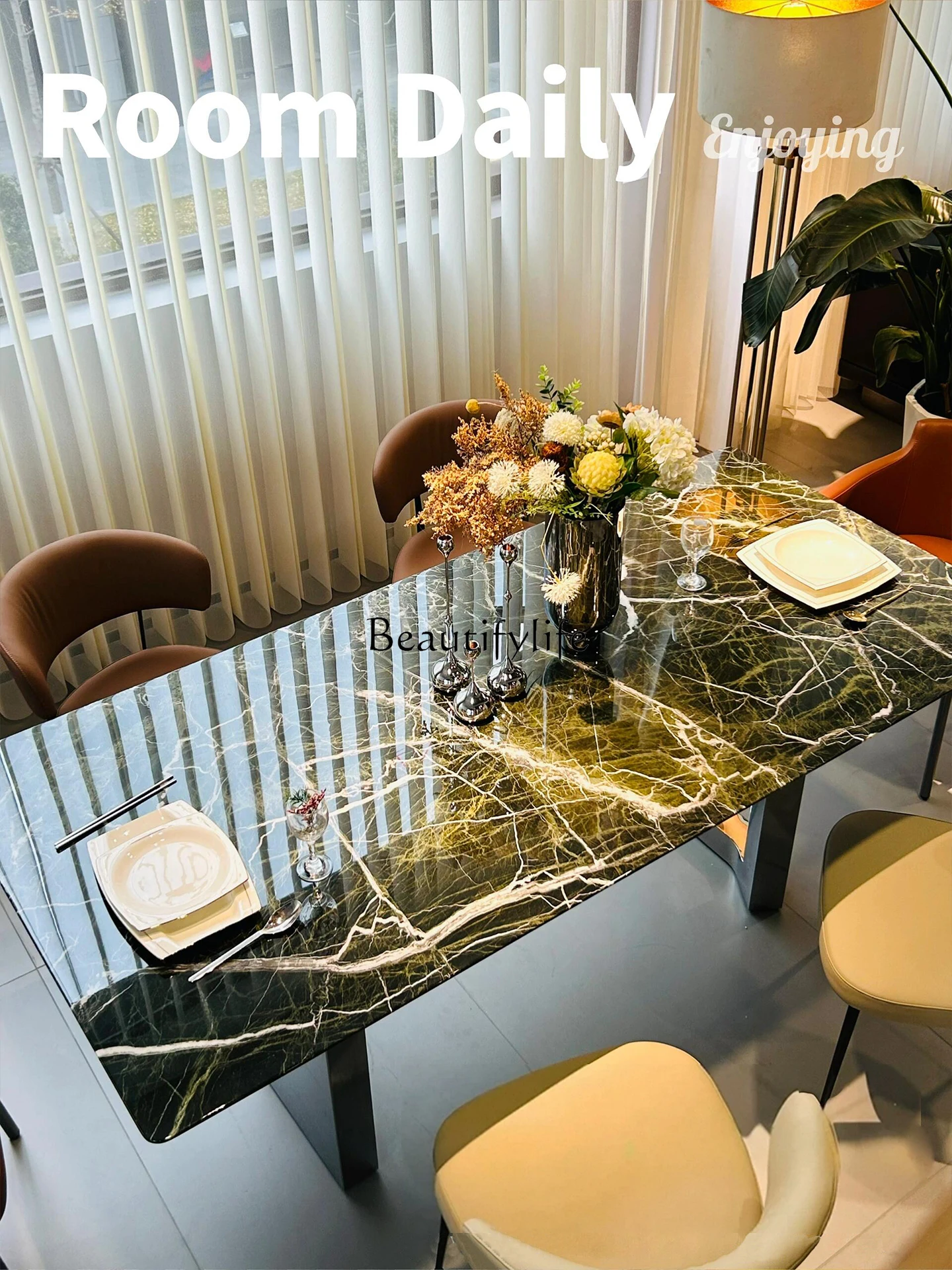 

01 Light luxury modern rectangular household marble dining table