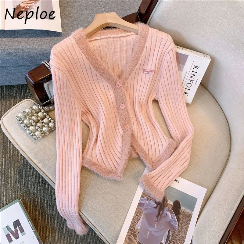 Neploe Fashion V-neck Fluffy Patchwork Pink Sweaters Spring Autumn New Tops Women Y2k Slim Fit Long Sleeve Knitted Cardigan