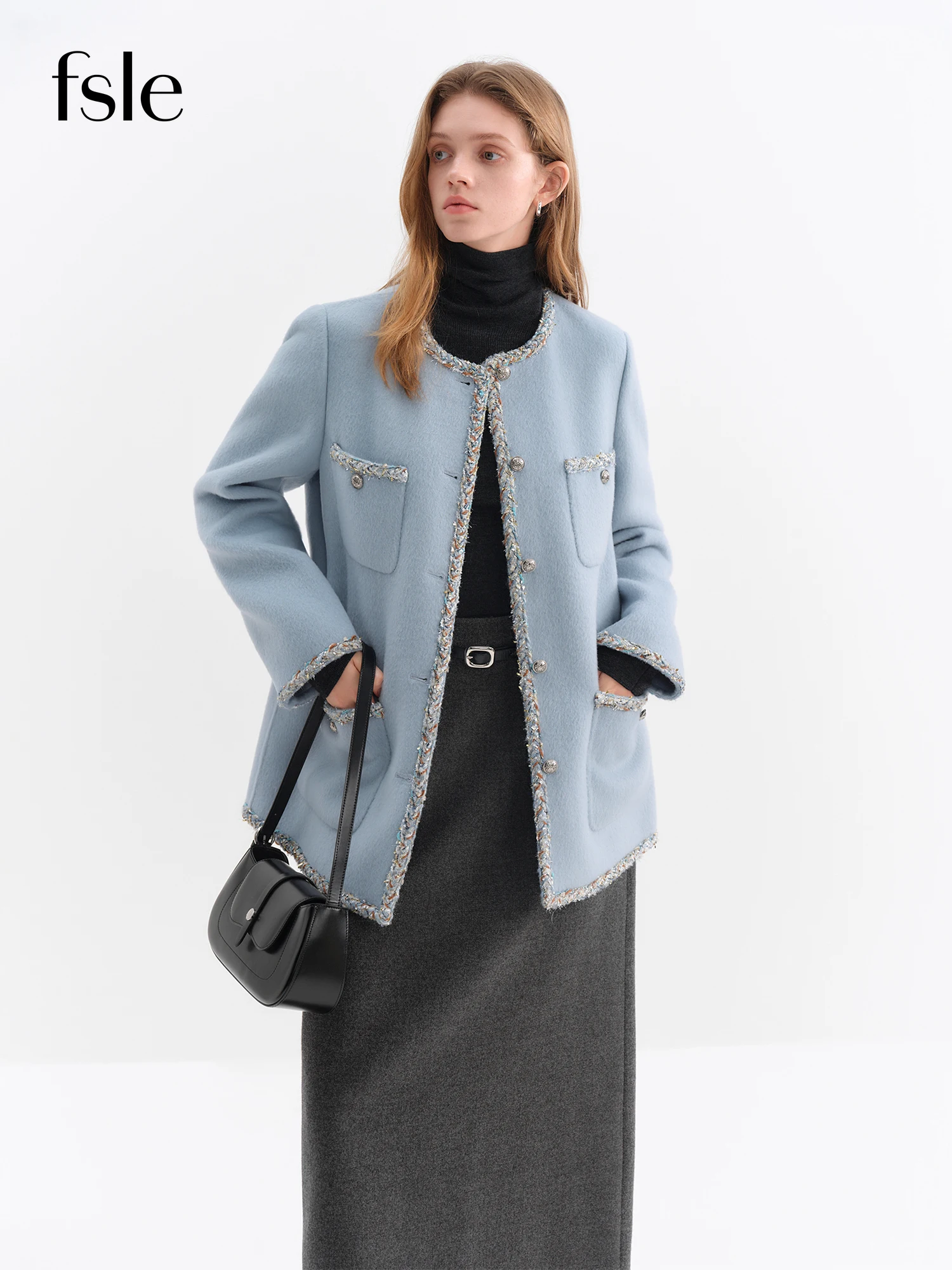 

FSLE шерстяное пальто с круглым вырезом во французском стиле, зима 2025, Новое поступление, синяя твидовая верхняя одежда, универсальное осеннее элегантное синее пальто