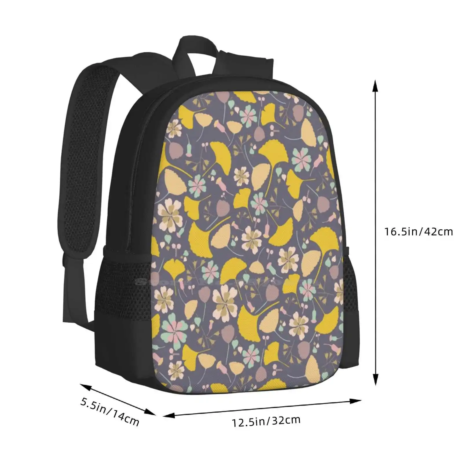 Gingko Love Pattern Design Bagpack School Bags Gingko Floral Pattern Leafs Fall Flower Delicate Bright Fun Modern Navy Yellow