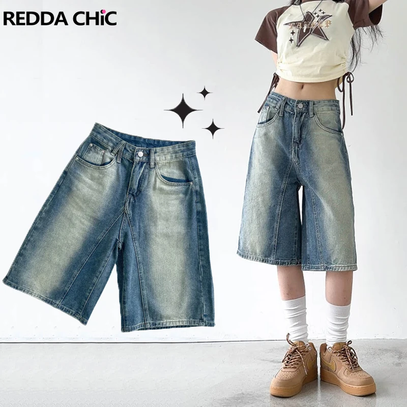 ReddaChic Vintage Blue Gradient Denim Shorts Women High Rise Wide Leg Casual Pants Baggy Jorts Unisex Trousers Y2k Streetwear