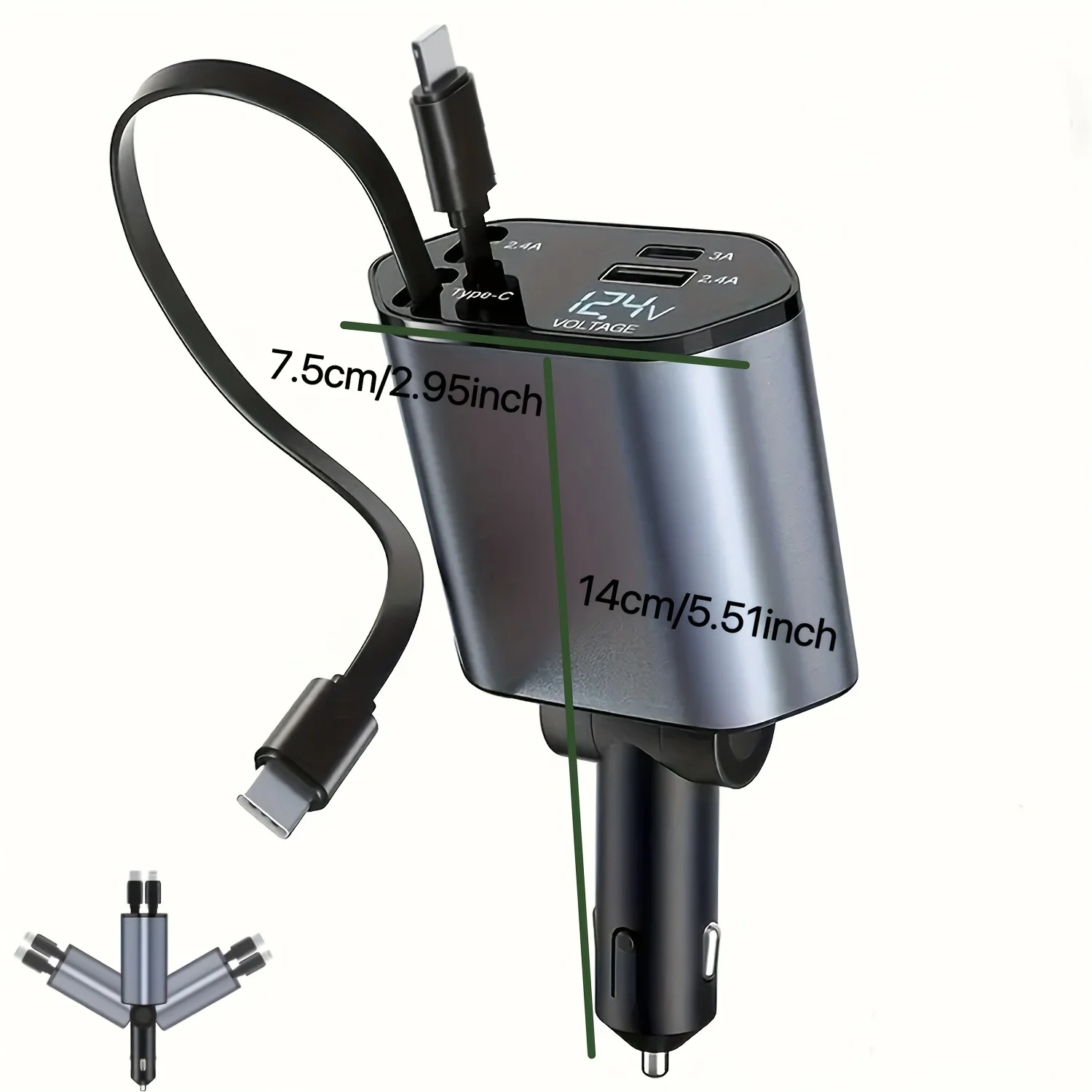 Car Charger with Retractable Cables, Built-In USB Ports, Supports Smart Fast Charging, Rotatable Base, Charges Up to 4 Devices