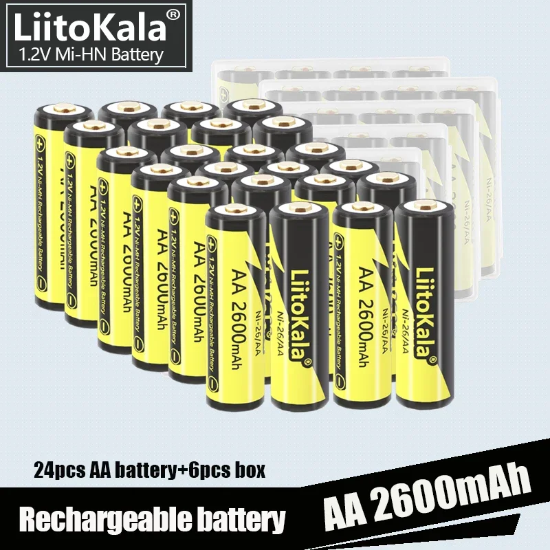 24PCS LiitoKala Ni-26/AA 1.2V AA 2600mAh Ni-MH Rechargeable Battery for Temperature Gun Remote Control Mouse Toy Batteries