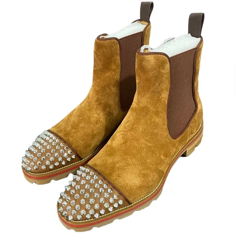 

LOUBUTEN Suede Leather Boots With Rivets Thick Soles High Quality Chelsea Winter Shoes For Men Luxury Botas