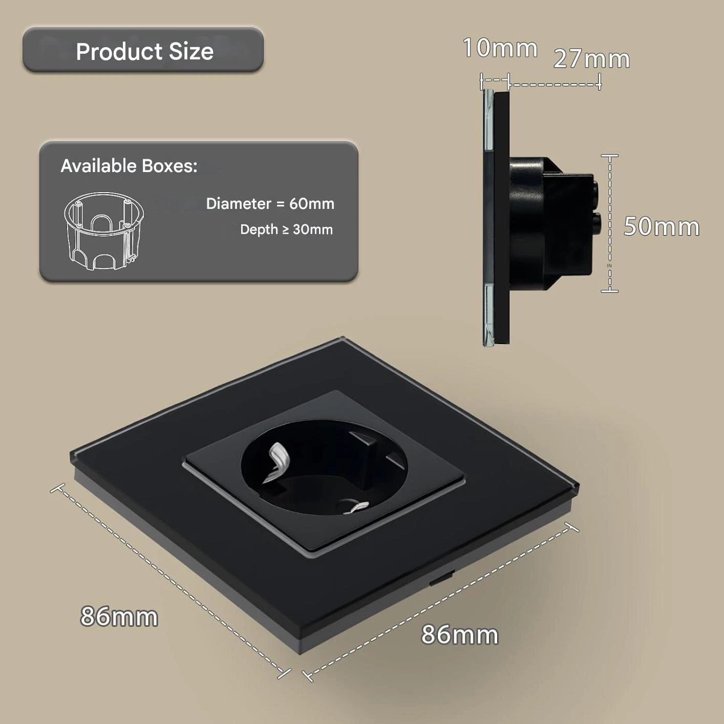 UBARO EU Standard 16A Wall Socket Tempered Glass Panel 86*86mm Schuko Power Outlet With Iron Bracket AC250V