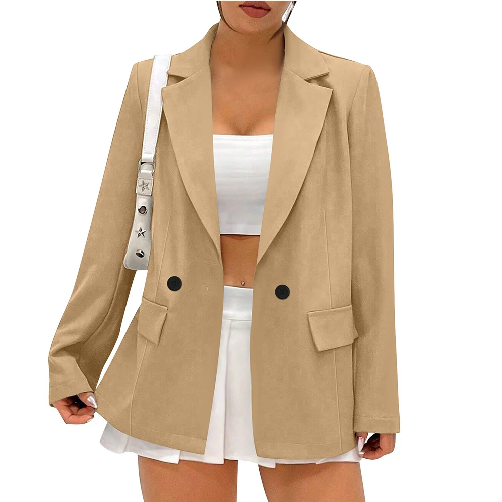 Women'S Tailored Coat Spring Autumn Casual Loose Simple Solid Coat Daily Commuting V-Neck Single Button All-Match Coat