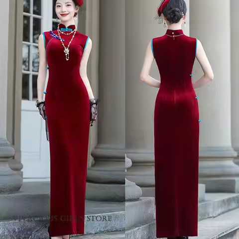 Elegant Burgundy Velvet Qipao Plus Size Female Long Cheongsam Vintage Classic Chinese Dress Vestidos Evening Dress 3XL 4XL 5XL