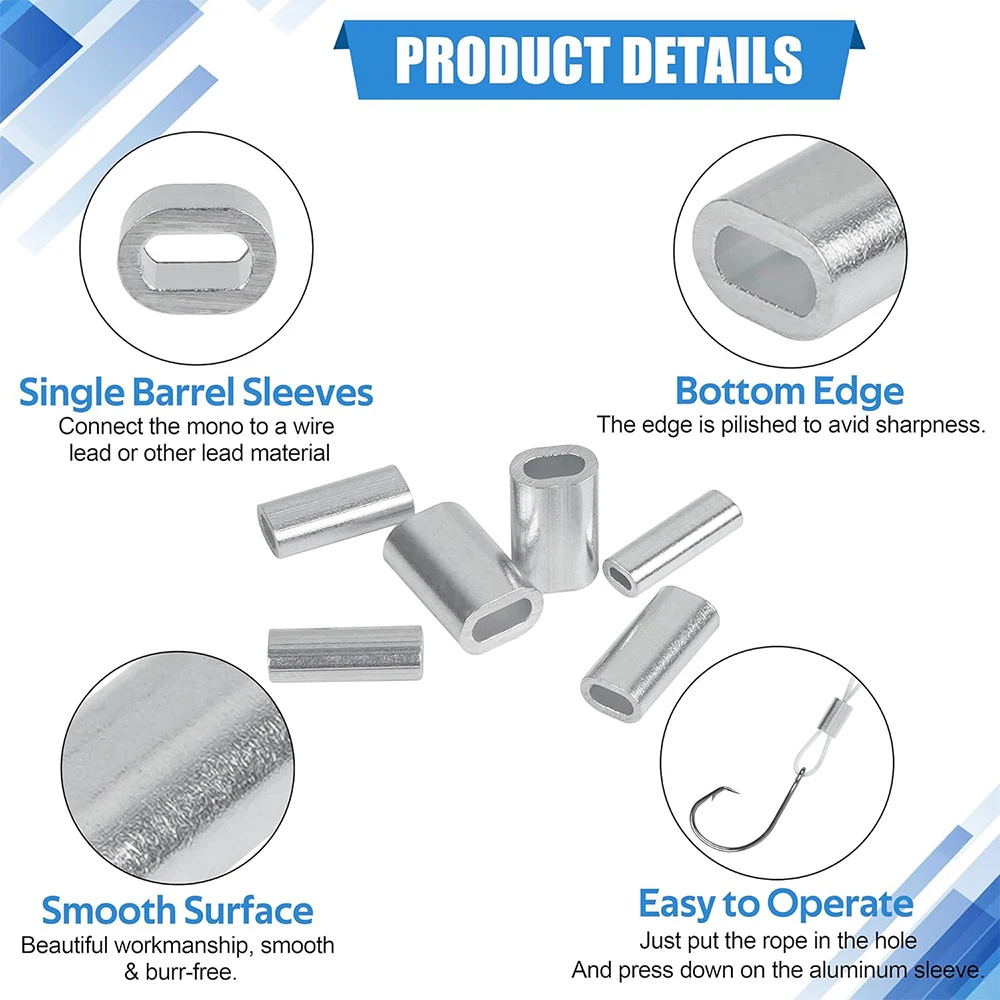 50Pcs Fishing Aluminum Crimp Sleeves Single Barrel Crimp Sleeves Oval Crimping Loop Sleeve for Wire Rope Fishing Line Connector