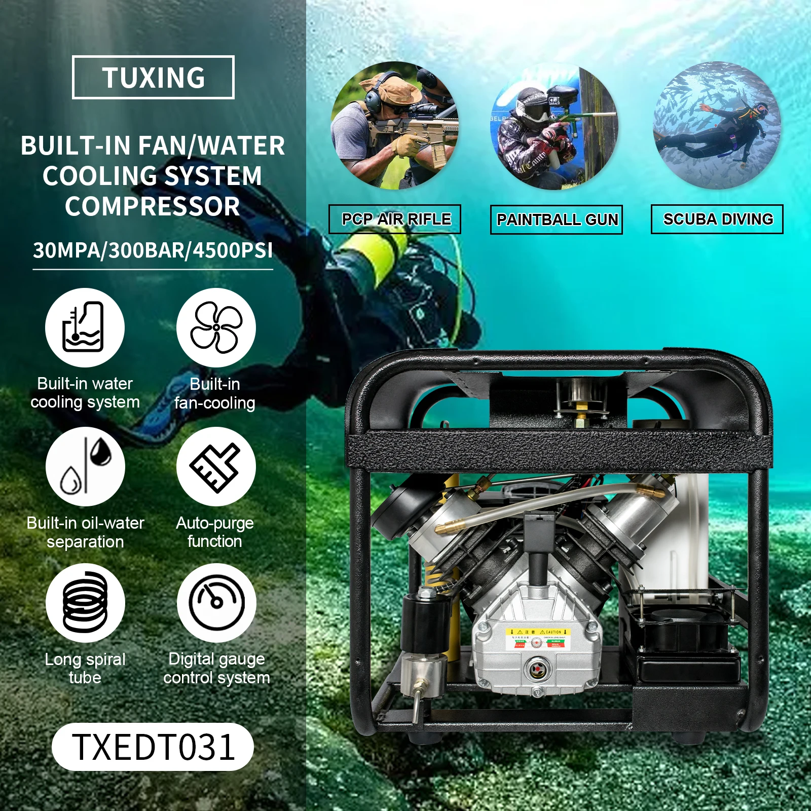 TUXING TXEDT031 High Pressure PCP Air Compressor Built-in Filter with One-touch Deflation and Auto Stop for Airgun Diving Scuba