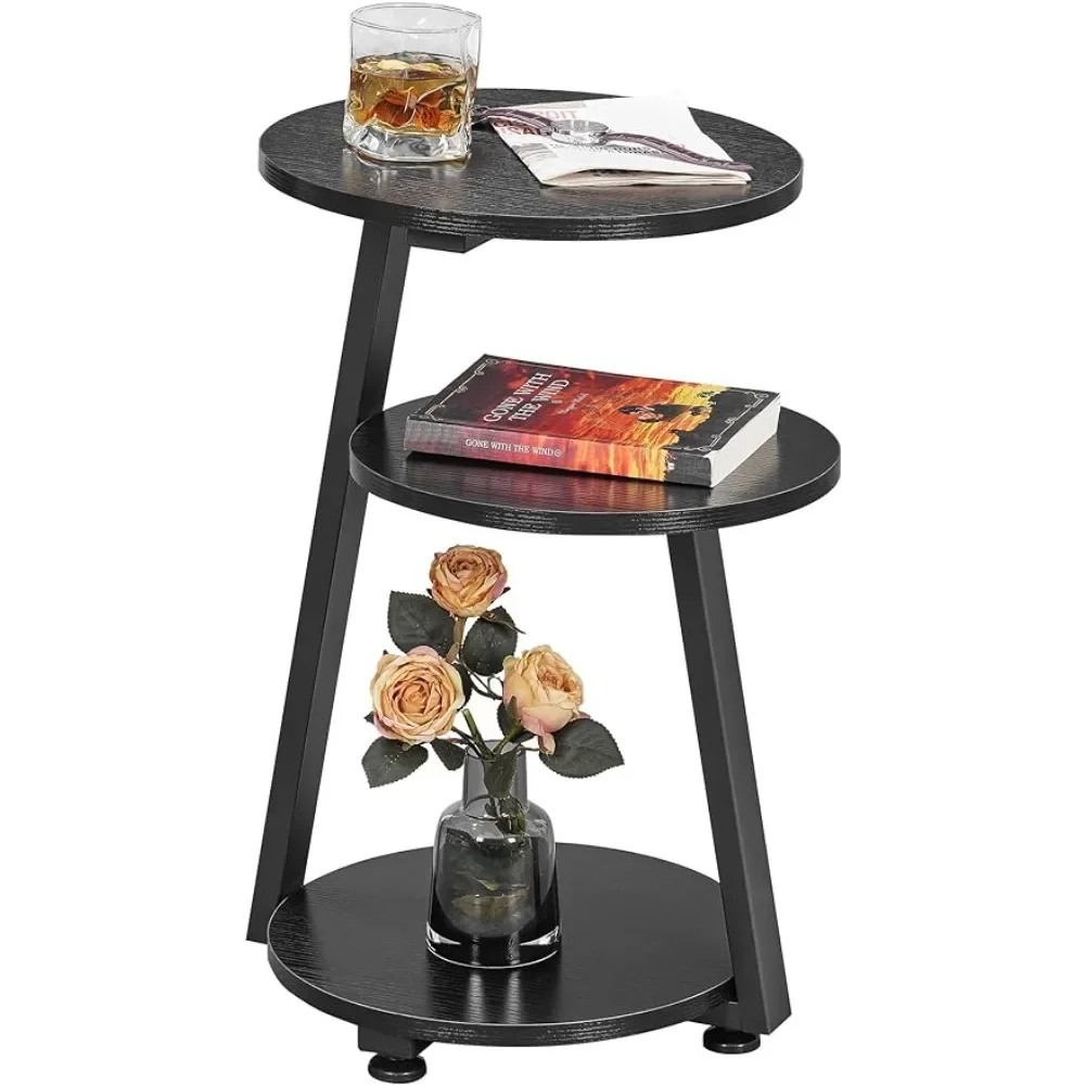 

OEING Round End Table Side with Metal Frame, Accent Nightstand Bedside with 3-Tier Shelves