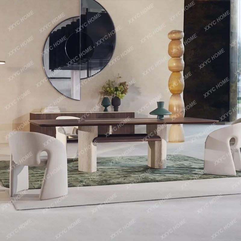 Sansan wind palatin solid wood dining table travertine foot rectangular large board table multifunctional round dining table