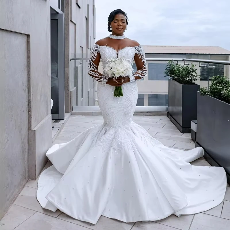 

Customized High Neck Shinny Sequins Beads Wedding Dress for Bride Robe De Mariée Chapel African Long Sleeves Bridal Gown