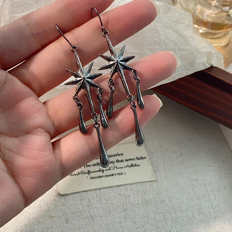 

Punk Style Dark Eight-pointed Star Long Water Drop Pendant Ear Hooks for Women New Fashion Retro Personality Girls Party Jewelry