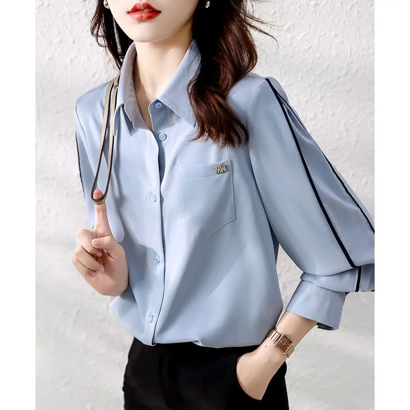 Spring New Simplicity Solid Shirt Tops Long Sleeve Polo Neck Contrast Loose All-match Blouse Temperament Fashion Women Clothing