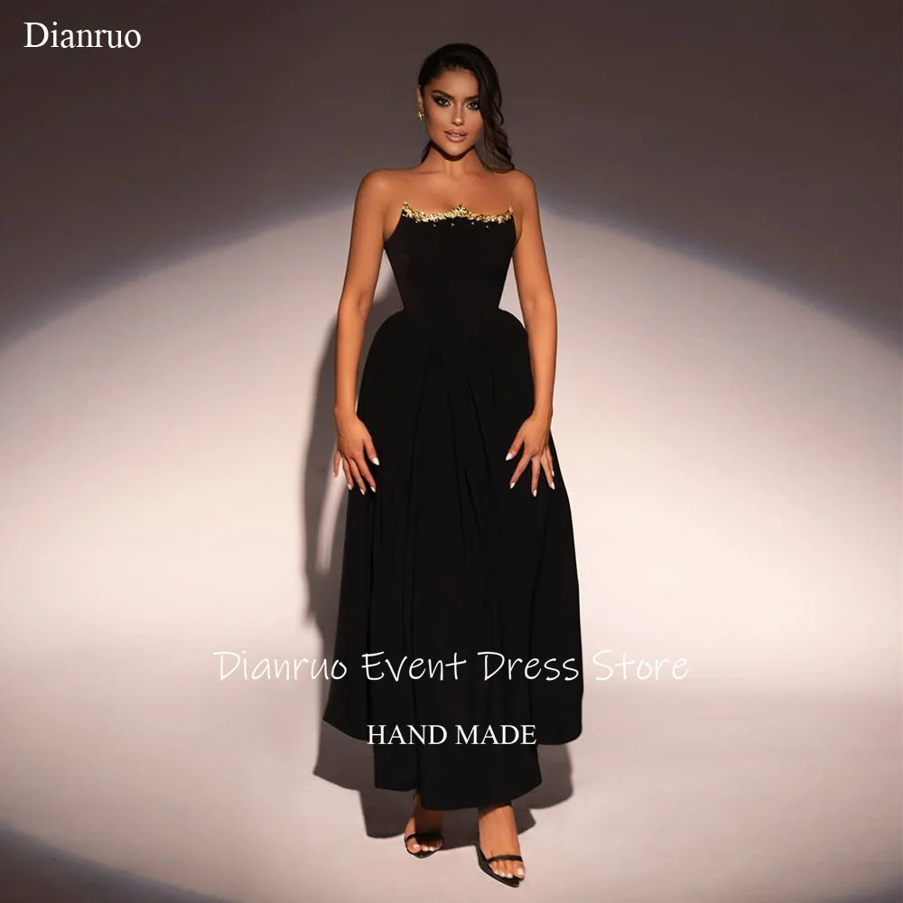 Dianruo Elegant Strapless Evening Dresses Black Ankle Length Prom Gowns A Line Ruched Lace Up Back Robe D'été Femme Customized