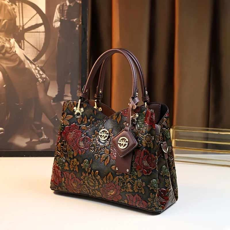 New Vintage Flower Pattern Handbag, Luxury PU Leather Tote Bag, Fashion Crossbody Bag For Women