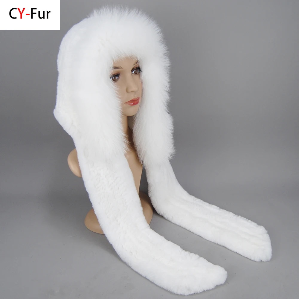 

Winter Luxury Knit Fur Caps Muffler Thick Women 100% Natural Fox Fur Hat Scarves Lady Warm Fluffy Real Rex Rabbit Fur Hat Scarf