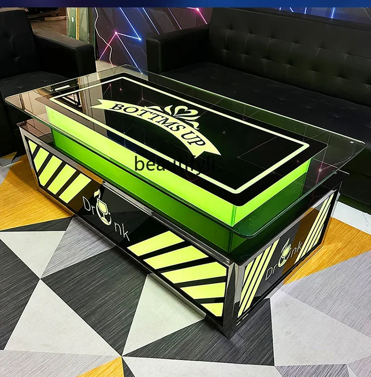 KTV Coffee Table Double-Layer Metal Luminous Stainless Steel Stone Plate Marble Tempered Glass Display Panel