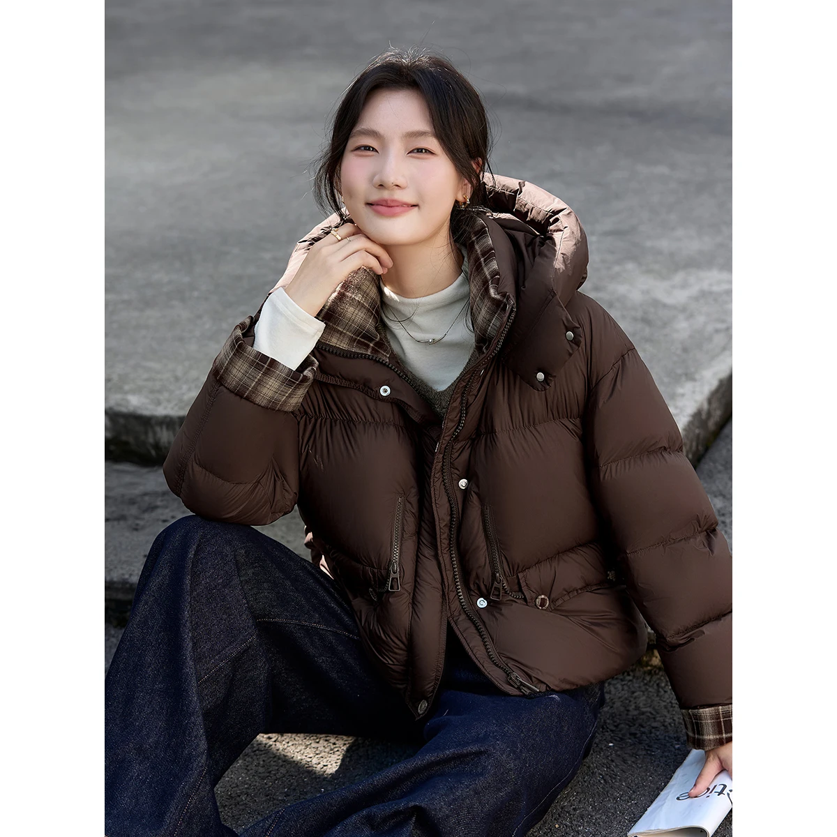 VIMLY المرأة سترة شتوية عادية براون تقسم منقوشة قصيرة مقنعين معاطف مكتب سيدة زمم جيب الإناث أبلى 50859