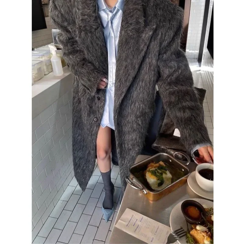 Young casual British woolen coat niche design wide version high-grade gray plus long woolen coat women