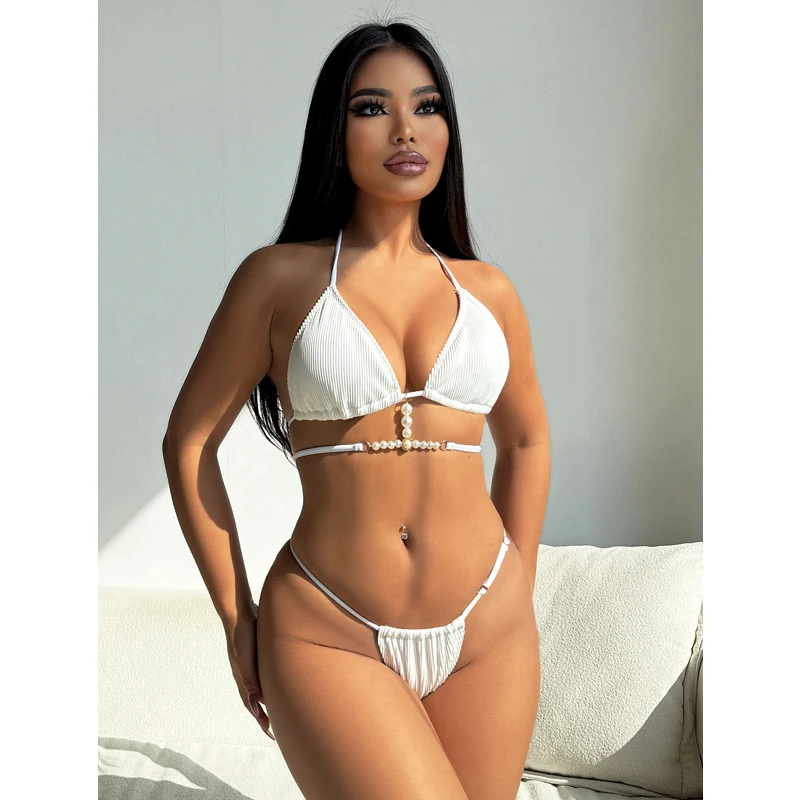 

FASKO triangle bag white striped fabric bikini swimsuit women's two-piece jewelry swimsuit 2025 bikini suit summer beach swimsui