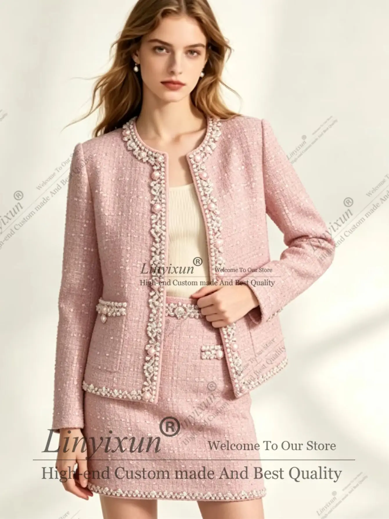 Sweet Pearl Checkered Tweed Women's Suit Set 2 Piece Short skirt Single Breasted Casual Business Office Outfit Customized view 3