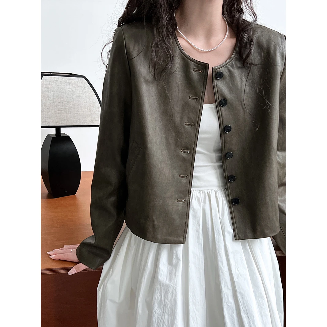 2024 Spring Pu Leather O-Neck Jacket Fashion Women Classic Army Green Color Jacket Femme Streetwear Women Tops Clothes