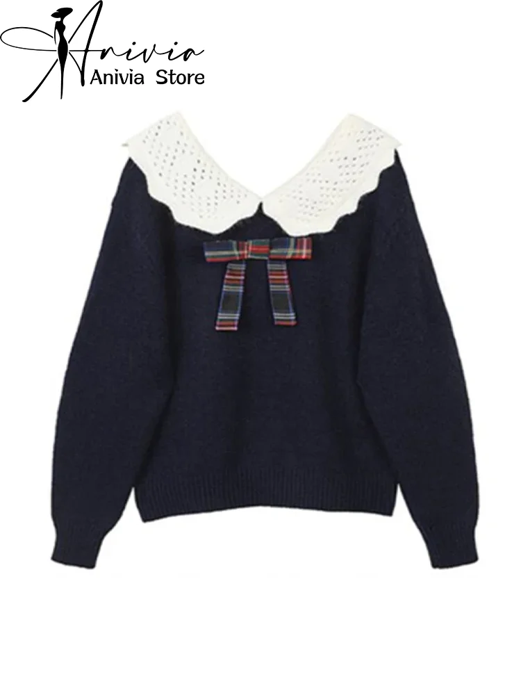 

Women's Blue Sweater Sets 90s Aesthetic Y2k Vintage Peter Pan Collar Long Sleeves Bow Knitted Jumper Sweater 2000s Clothes 2024