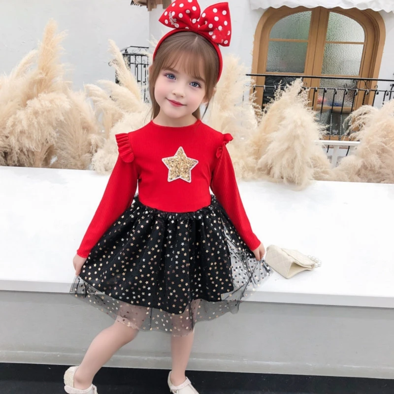 Baby Girl Princess Dress Star Sequined Tulle Dress Toddler Kid Clothes Long Sleeve Children Birthday Party Costume Outfit A831