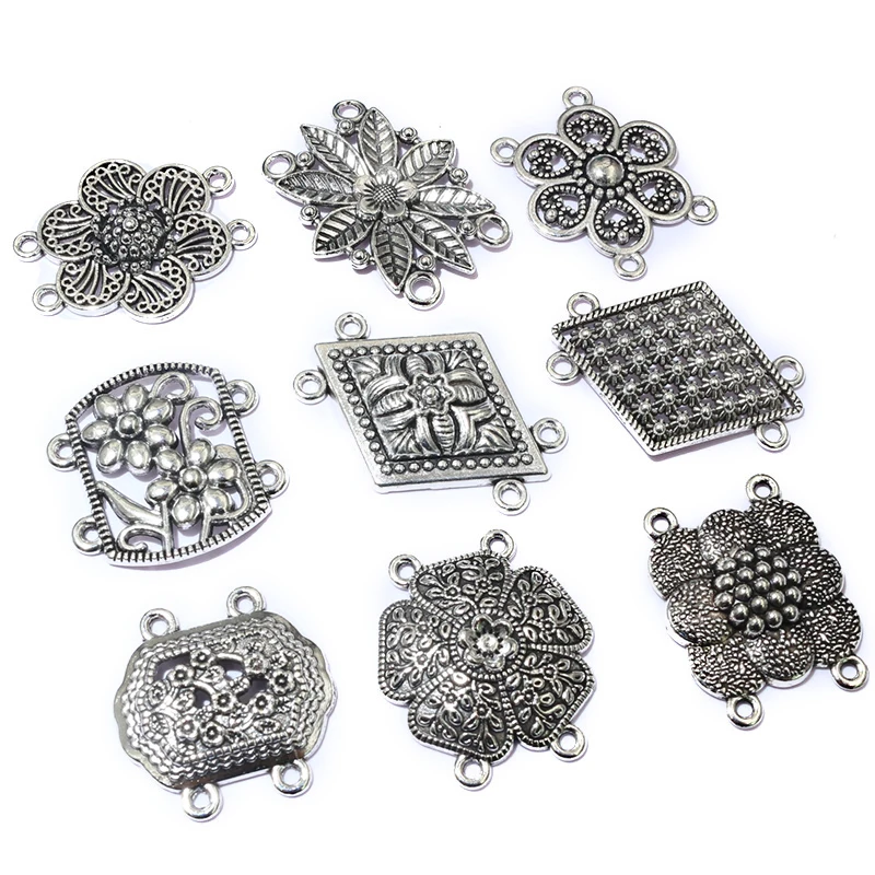 10pcs Antique Silver Color Vintage Flower Connector Charms Pendant DIY Jewelry Making Accessories Findings for Necklace Bracelet