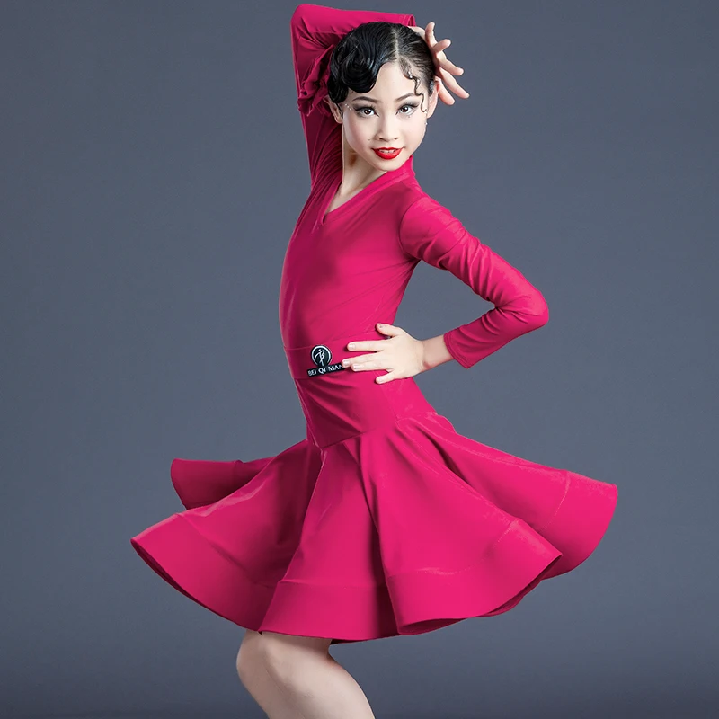 Multi-Colors Latin Dance Competition Dresses For Girls Professional Cha Cha Ballroom Dance Wear Long SLeeves Dress Red DNV16729