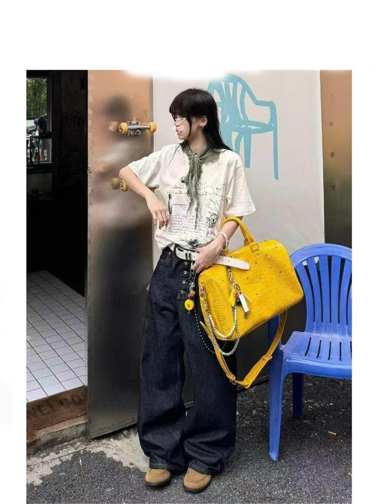 2026-summer-new-yellow-crocodile-pattern-diamond-large-capacity-casual-american-street-travel-bag-unisex-luggage