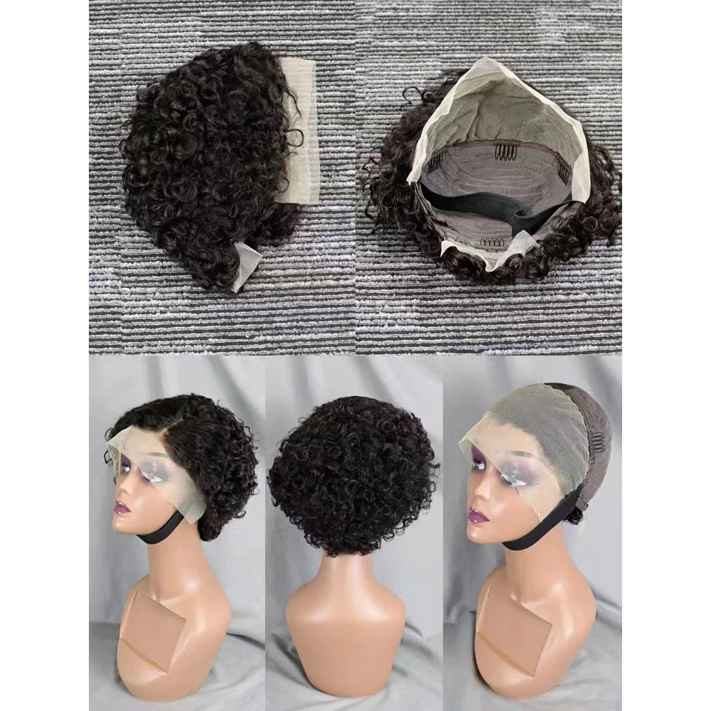 8 Zoll Pixie Curly Echthaar-Perücke, transparent, 13 x 4 Spitze-Frontal-Perücken, Seitenteil, brasilianische Wellen-Echthaar-Perücken für schwarze Frauen