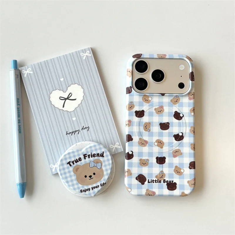 Cute Blue Plaid Little Bear Phone Case For iPhone 17 16 15 14 Pro Max Magnetic Heart Bear Pop Socket Aesthetic Protective Cover