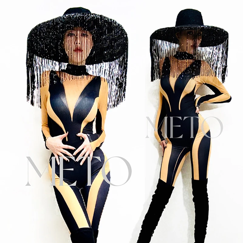 Drag Queen Outfit Black Bodysuit Sexy Gogo Show Stage Costume Nightclub Bar Party Clohtes Carnival Clothing Hat With Tassel 2523