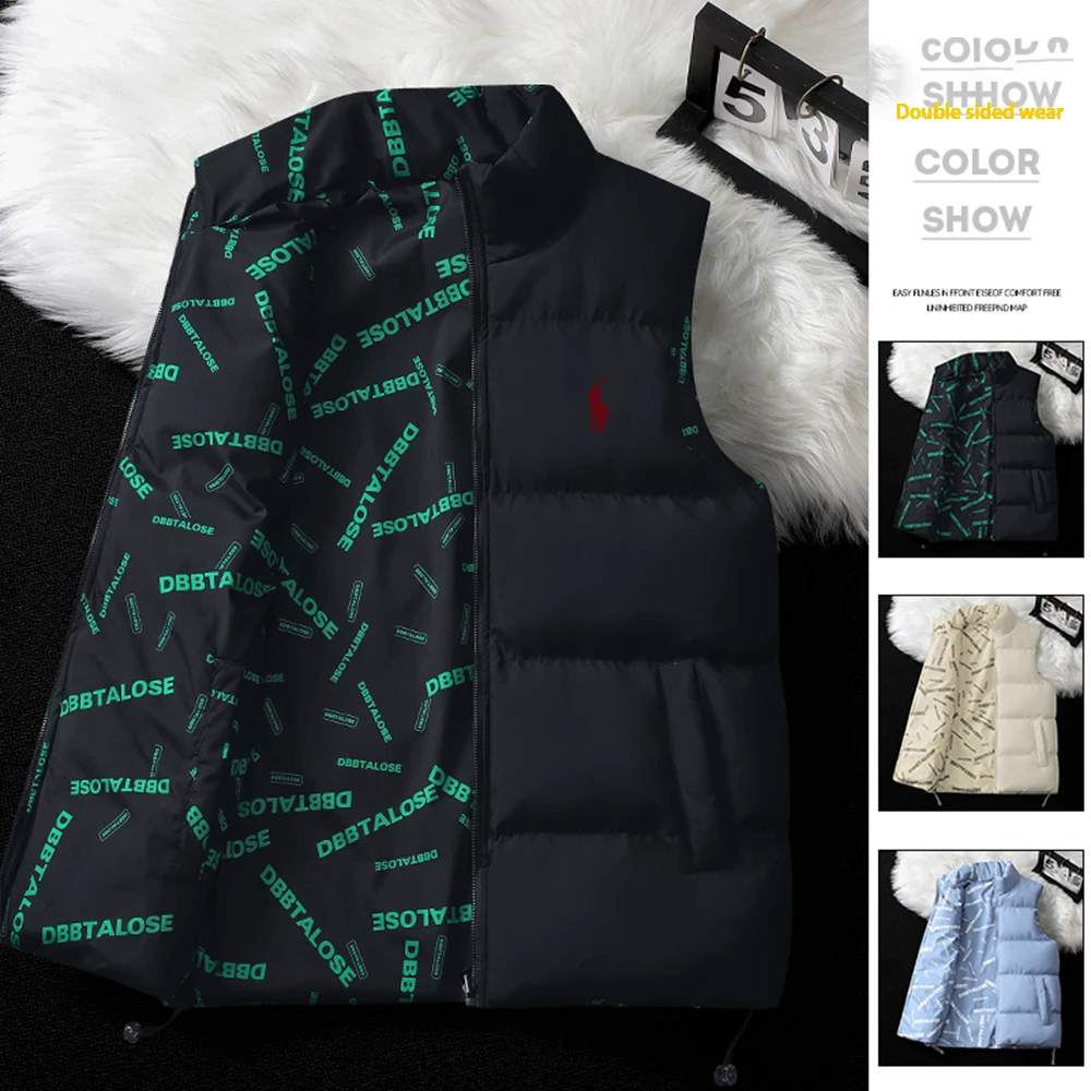 Men's vest, warm sleeveless jacket, winter zipper jacket, autumn vest, double-sided clothing, ready to wear embroidery