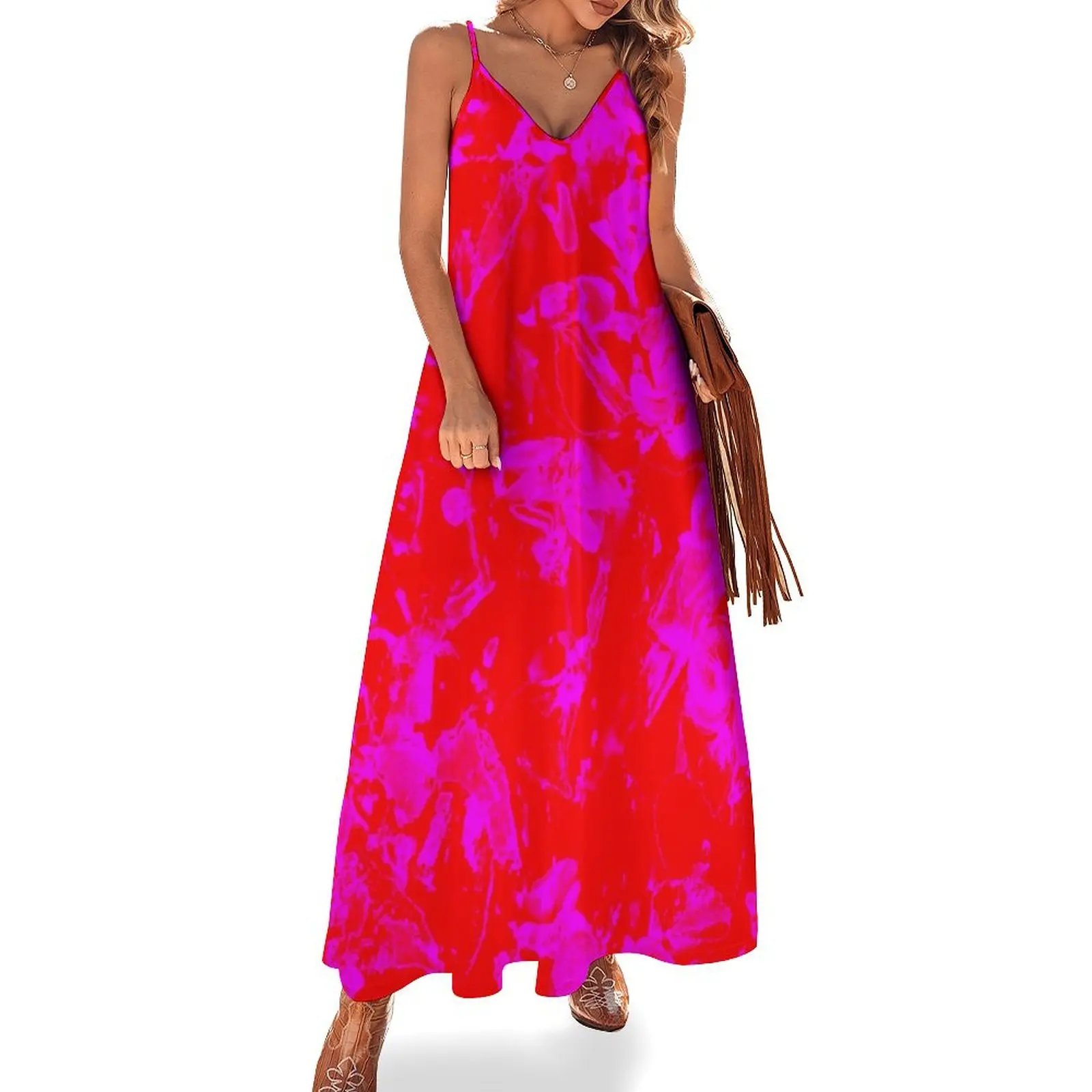 

The Pink and Red Floral Motives with Pink Flowers Sleeveless Long Dress Womens dresses Women's summer dresses Dress