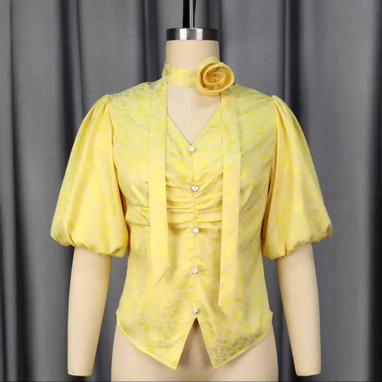 Spring/summer New V-neck Puff Sleeve Floral Slim Fit Solid Color Top Elegant Single-breasted Pleated Waist-cinching Shirt Y2K