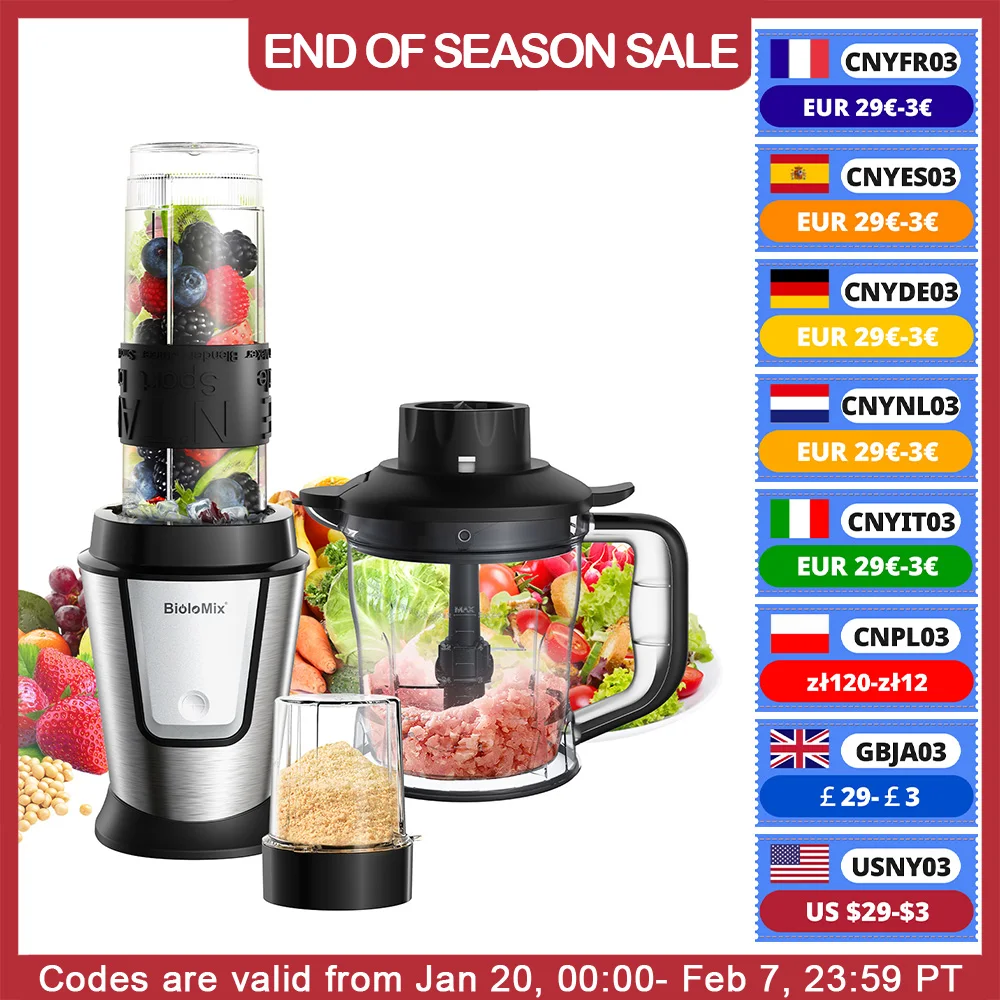 BioloMix 3-in-1 Multifunctional Food Processor 700W Portable Juicer Blender Personal Smoothie Mixer Food Chopper and Dry Grinder