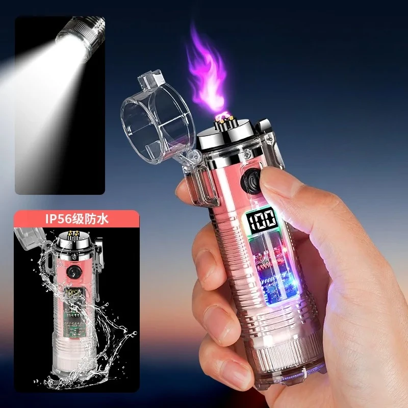 2026 New Colorful Transparent Lighter Cylindrical Flashlight Waterproof Double Arc Cigarette Lighter Charging Pulse Lighter Gift
