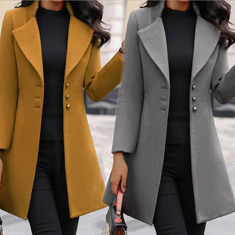 

Women's Slim Fit Woolen Coat Long Sleeve Pure Color Korean Style Turn-down Collar Mid-Length Autumn Winter Fashion Casual